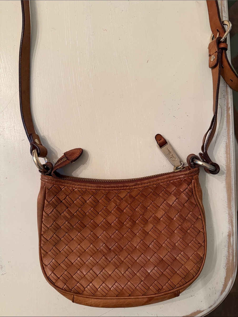 Cole Haan Woven Leather Crossbody in Cognac Brown
